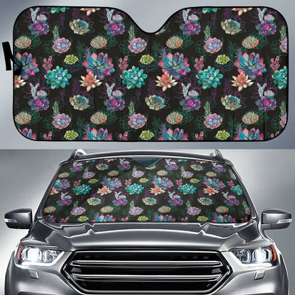 Succulent Colorful Black Background Watercolor Car Auto Sun Shades