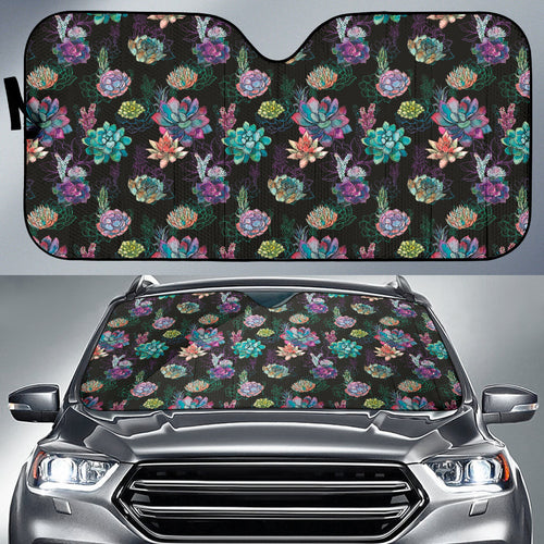 Succulent Colorful Black Background Watercolor Car Auto Sun Shades