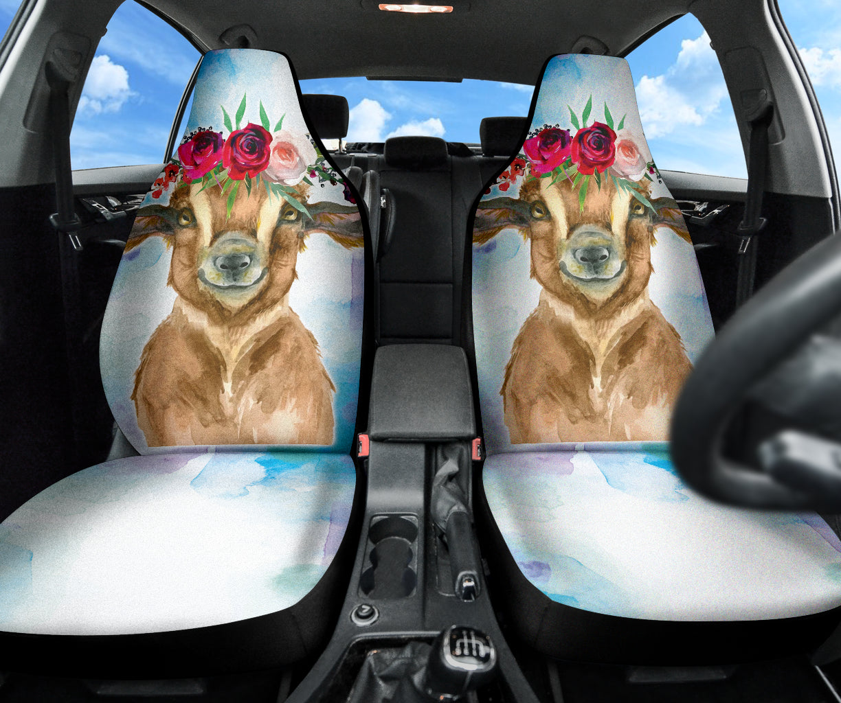 Goat Cute Cyan Watercolor Car Seat Covers