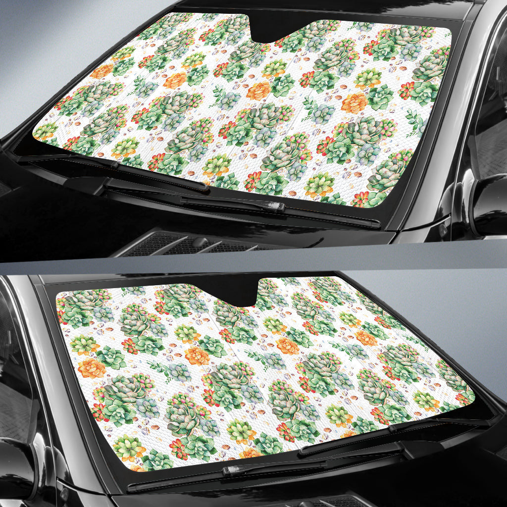 Succulent Natural Watercolor White Background Car Auto Sun Shades