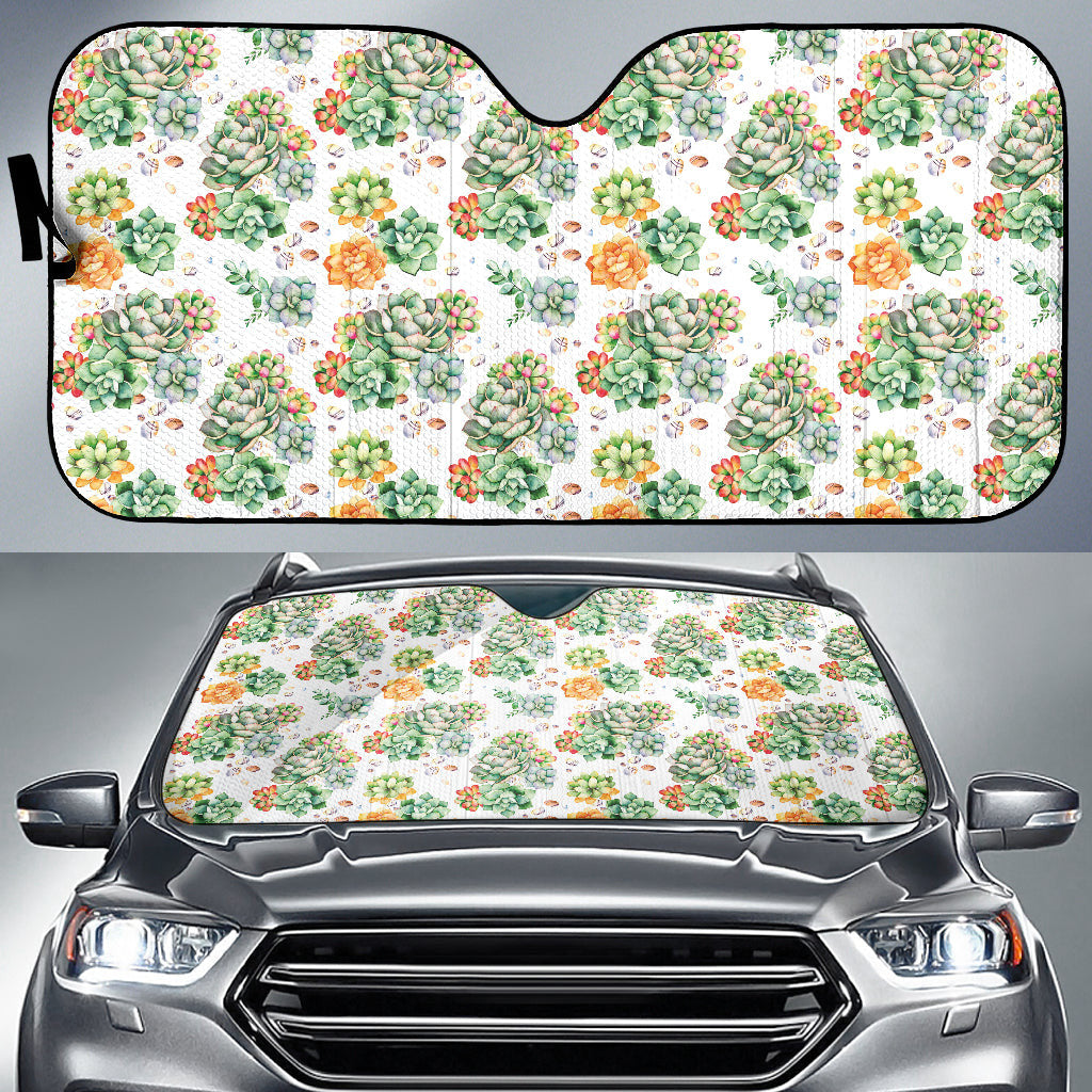 Succulent Natural Watercolor White Background Car Auto Sun Shades