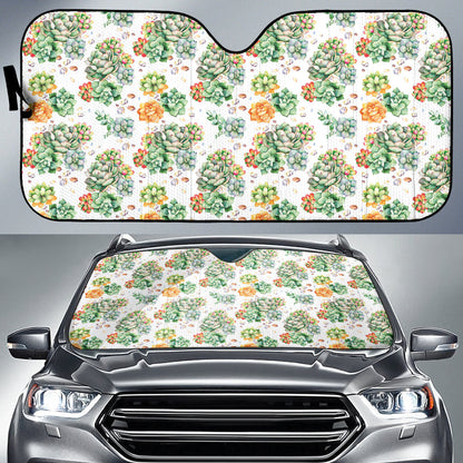 Succulent Natural Watercolor White Background Car Auto Sun Shades