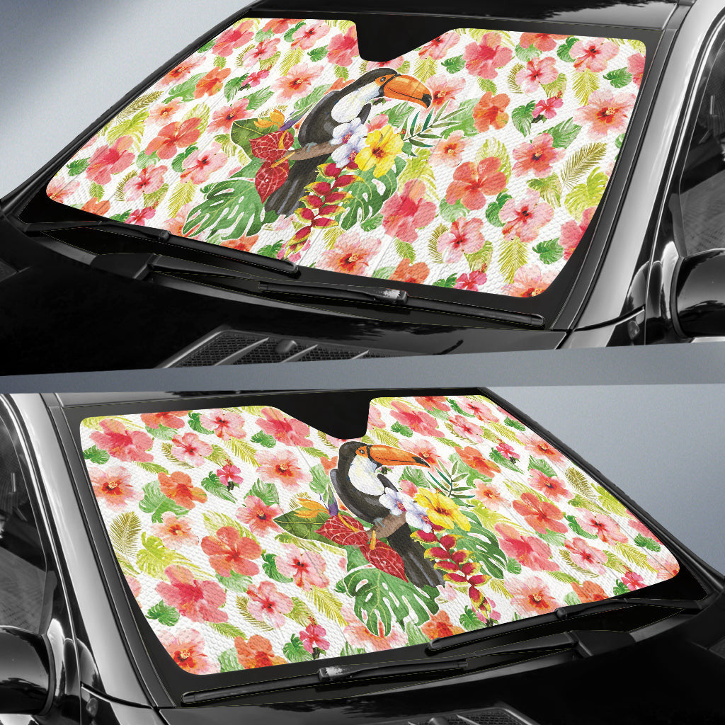 Pink Hibicus Toucan Watercolor Car Auto Sun Shades