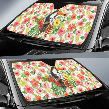 Pink Hibicus Toucan Watercolor Car Auto Sun Shades