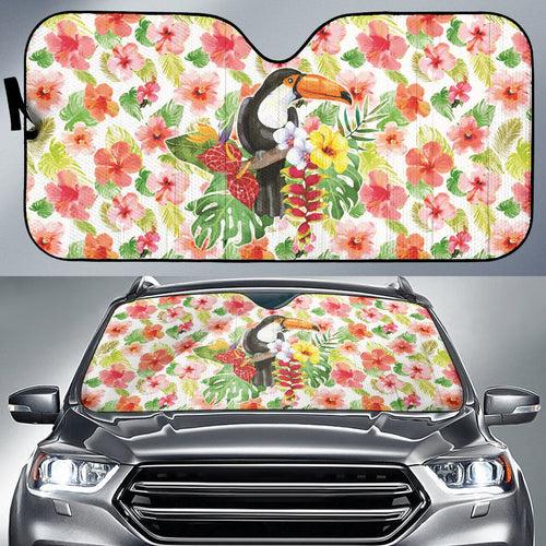 Pink Hibicus Toucan Watercolor Car Auto Sun Shades