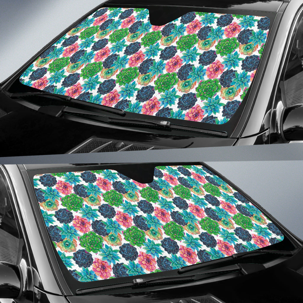 Succulent Colorful White Background Watercolor Car Auto Sun Shades