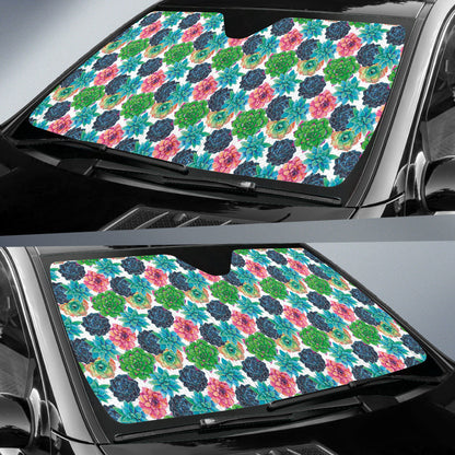 Succulent Colorful White Background Watercolor Car Auto Sun Shades