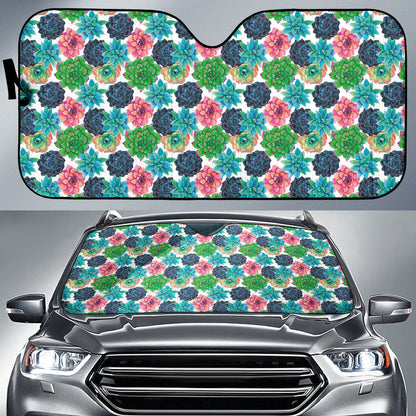 Succulent Colorful White Background Watercolor Car Auto Sun Shades