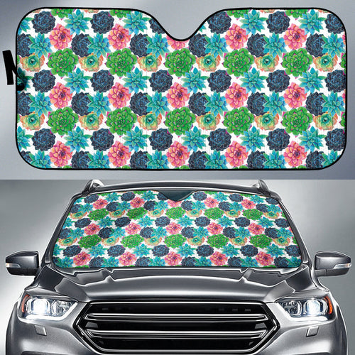Succulent Colorful White Background Watercolor Car Auto Sun Shades