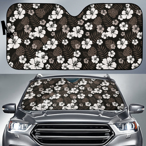 Black With Hibiscus Pattern In Gray And White Car Auto Sun Shades