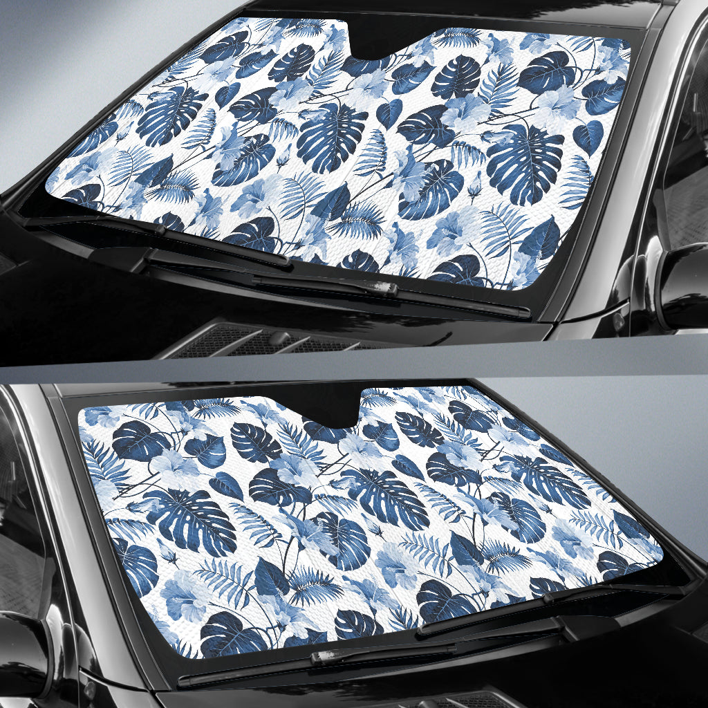 White And Blue Hibiscus Tropical Hawaiian Flower Pattern Car Auto Sun Shades