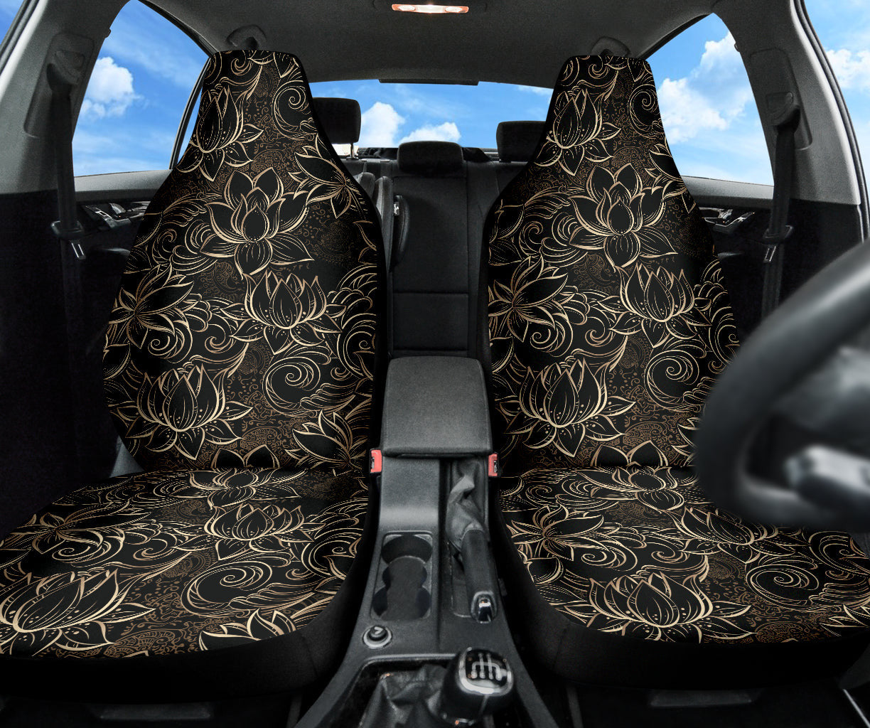 Luxurious Gold Lotus Waterlily Black Background Car Seat Covers