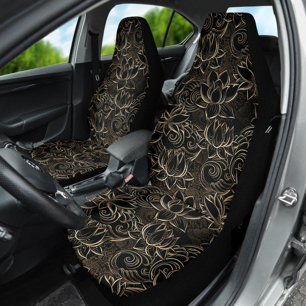 Luxurious Gold Lotus Waterlily Black Background Car Seat Covers