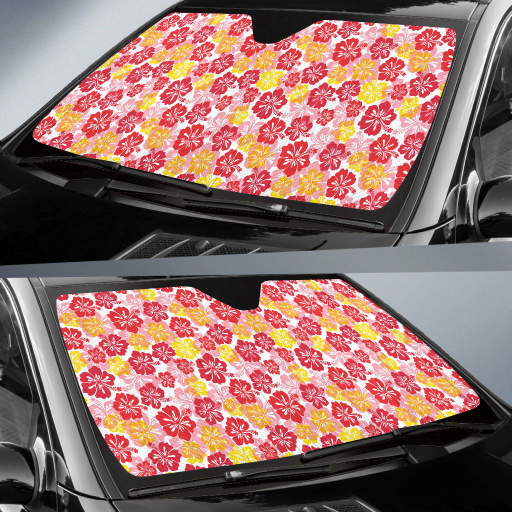 Red Yellow Hibiscus Hawaiian Flower Pattern Car Auto Sun Shades
