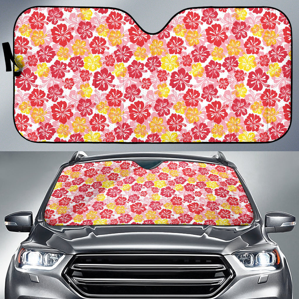 Red Yellow Hibiscus Hawaiian Flower Pattern Car Auto Sun Shades