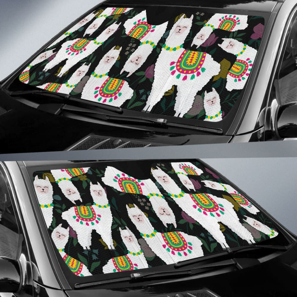 Amazing Llama Chalky Style Black Flowers Car Auto Sun Shades