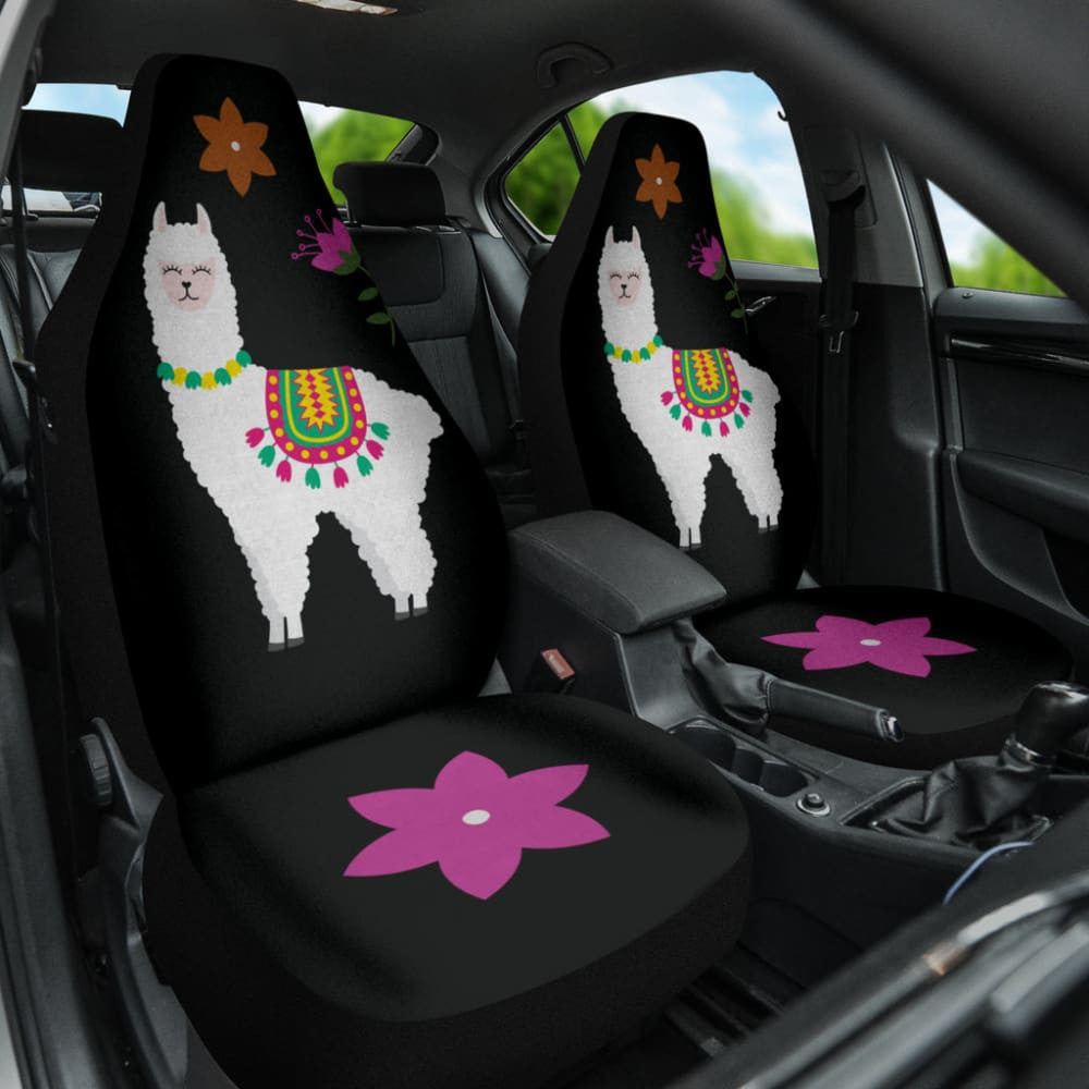 Amazing Llama Chalky Style Black Flowers Car Seat Covers Custom