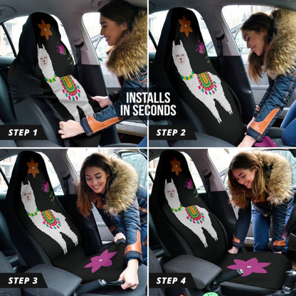 Amazing Llama Chalky Style Black Flowers Car Seat Covers Custom