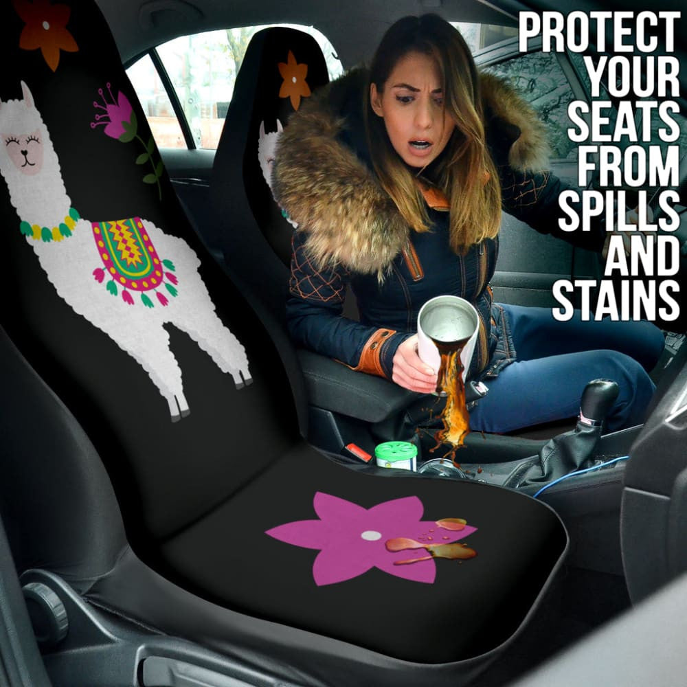 Amazing Llama Chalky Style Black Flowers Car Seat Covers Custom
