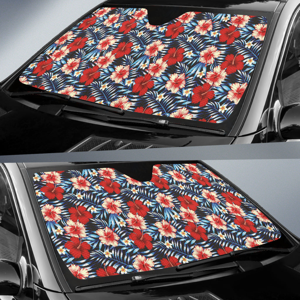Red Blue Hibiscus Hawaiian Flower Pattern Car Auto Sun Shades