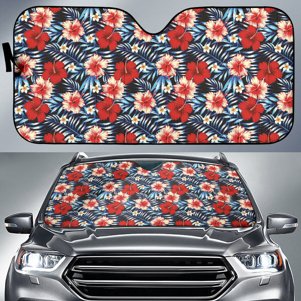Red Blue Hibiscus Hawaiian Flower Pattern Car Auto Sun Shades