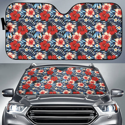 Red Blue Hibiscus Hawaiian Flower Pattern Car Auto Sun Shades