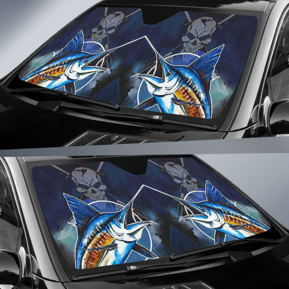 Fishing Car Auto Sun Shades Blue Marlin Skull Fisherman