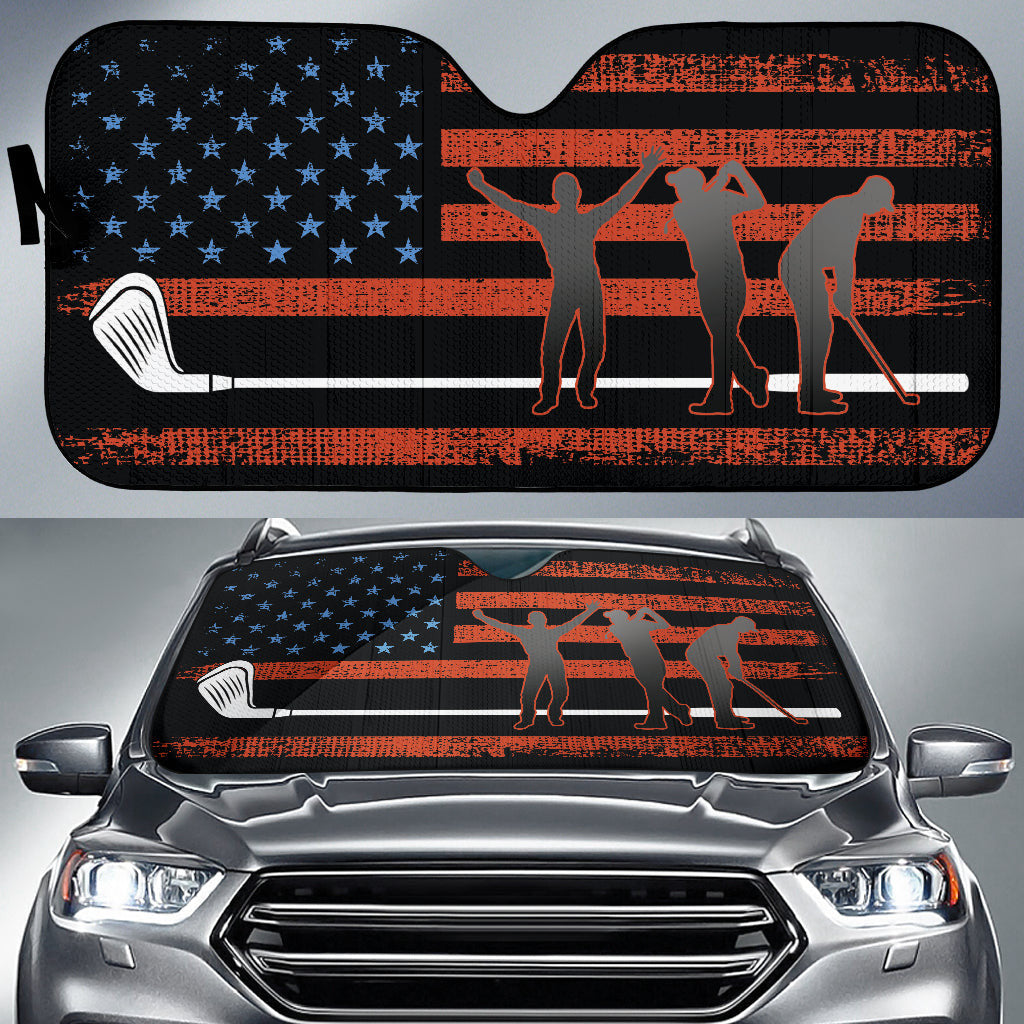 American Flag With Golf Club Car Auto Sun Shades