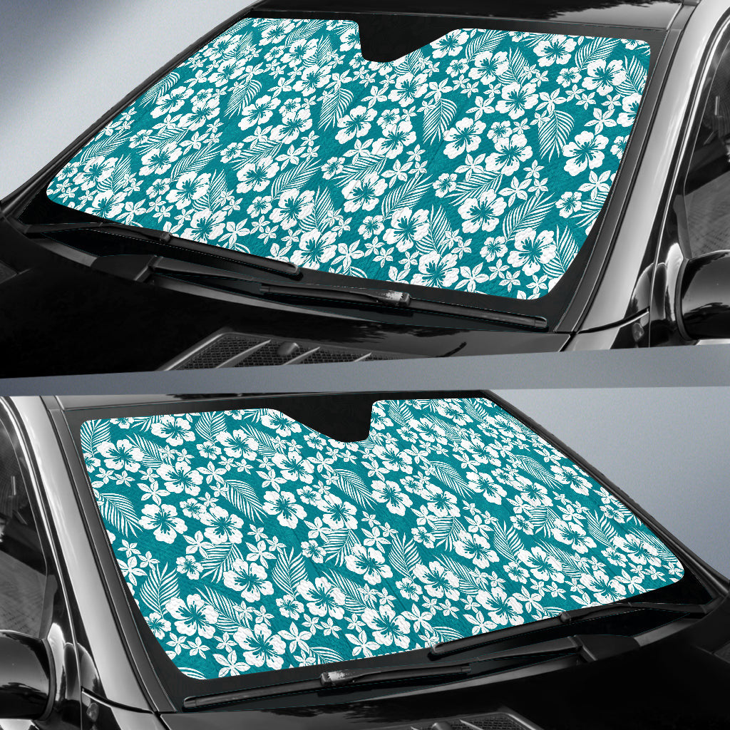 Cyan Hibiscus Hawaiian Flower Pattern Car Auto Sun Shades