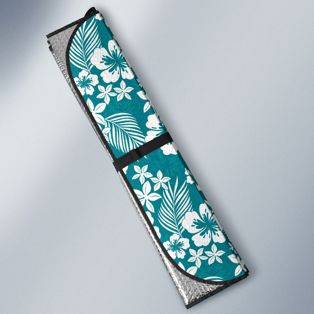 Cyan Hibiscus Hawaiian Flower Pattern Car Auto Sun Shades