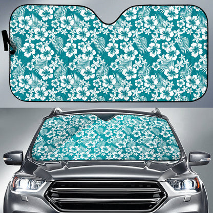Cyan Hibiscus Hawaiian Flower Pattern Car Auto Sun Shades