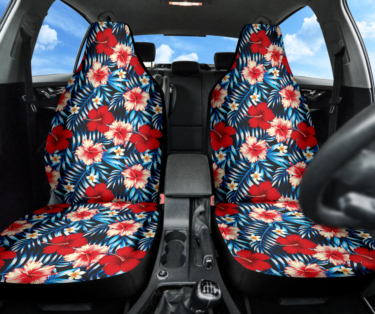 Red Blue Hibiscus Hawaiian Flower Pattern Car Seat Covers