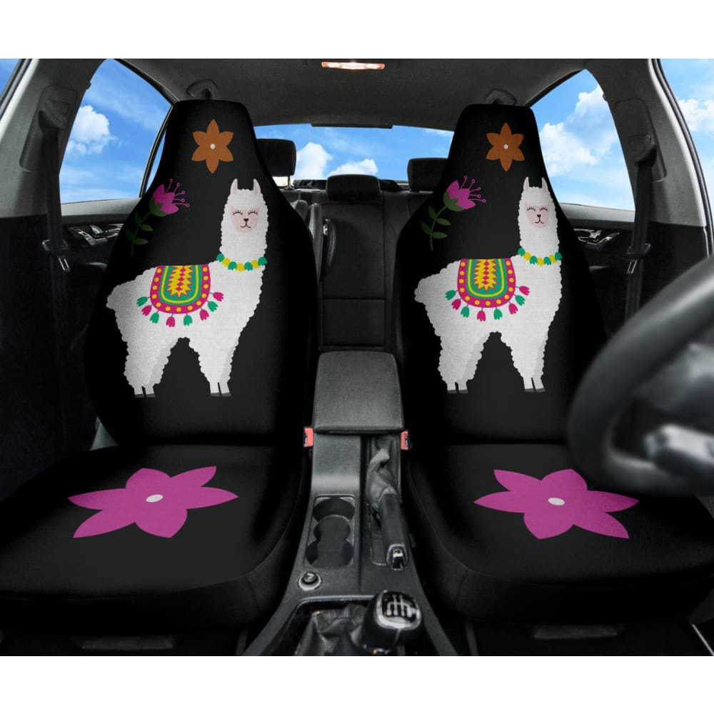 Amazing Llama Chalky Style Black Flowers Car Seat Covers Custom