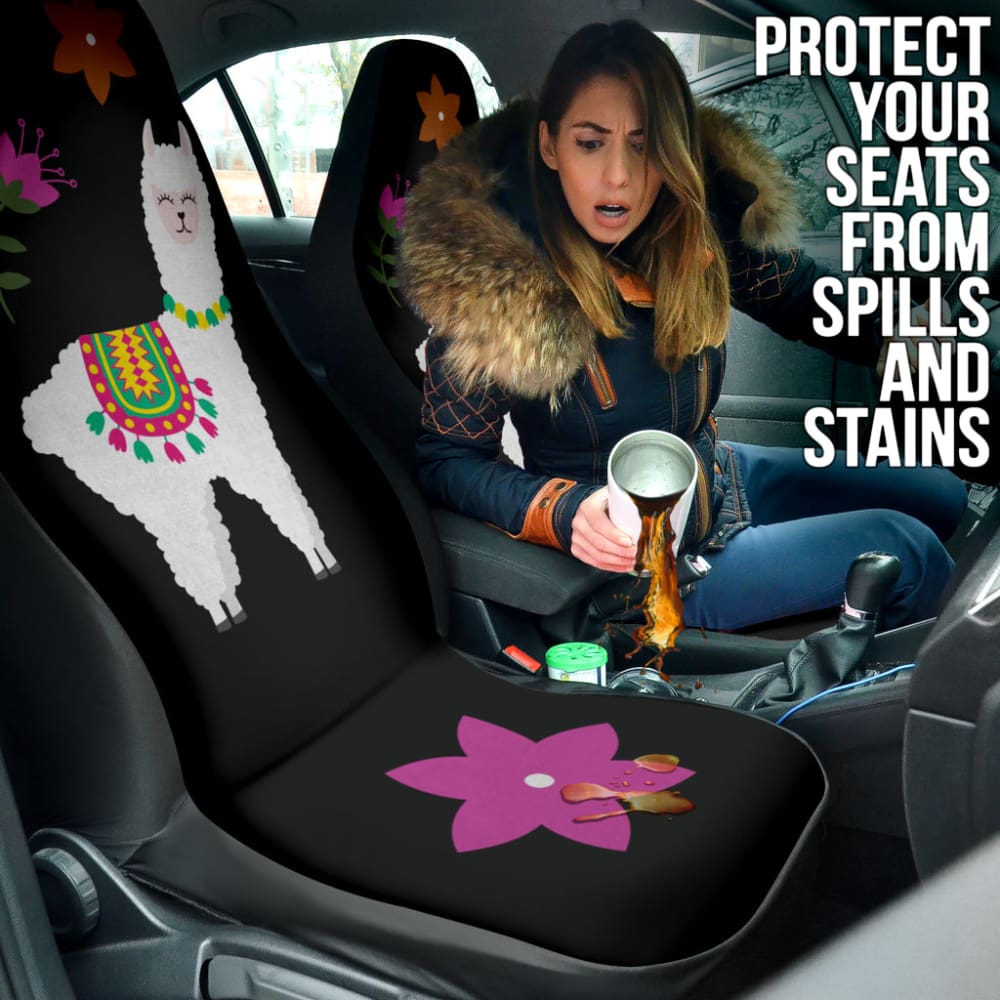 Amazing Llama Chalky Style Black Flowers Car Seat Covers Custom