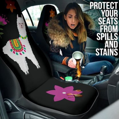 Amazing Llama Chalky Style Black Flowers Car Seat Covers Custom