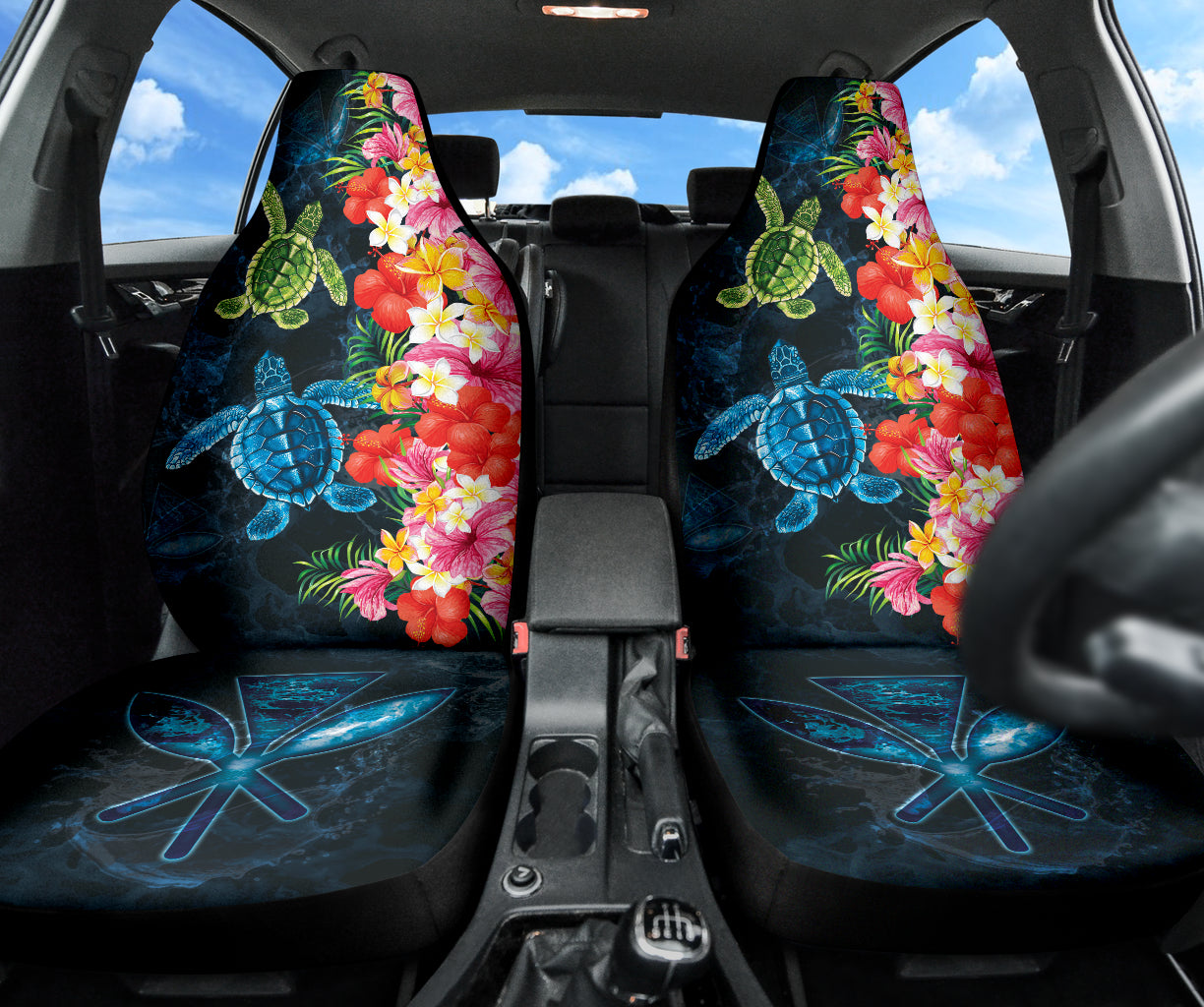 Turtle Kanaka Maoli Hibiscus Plumeria Flower Wave Car Seat Covers