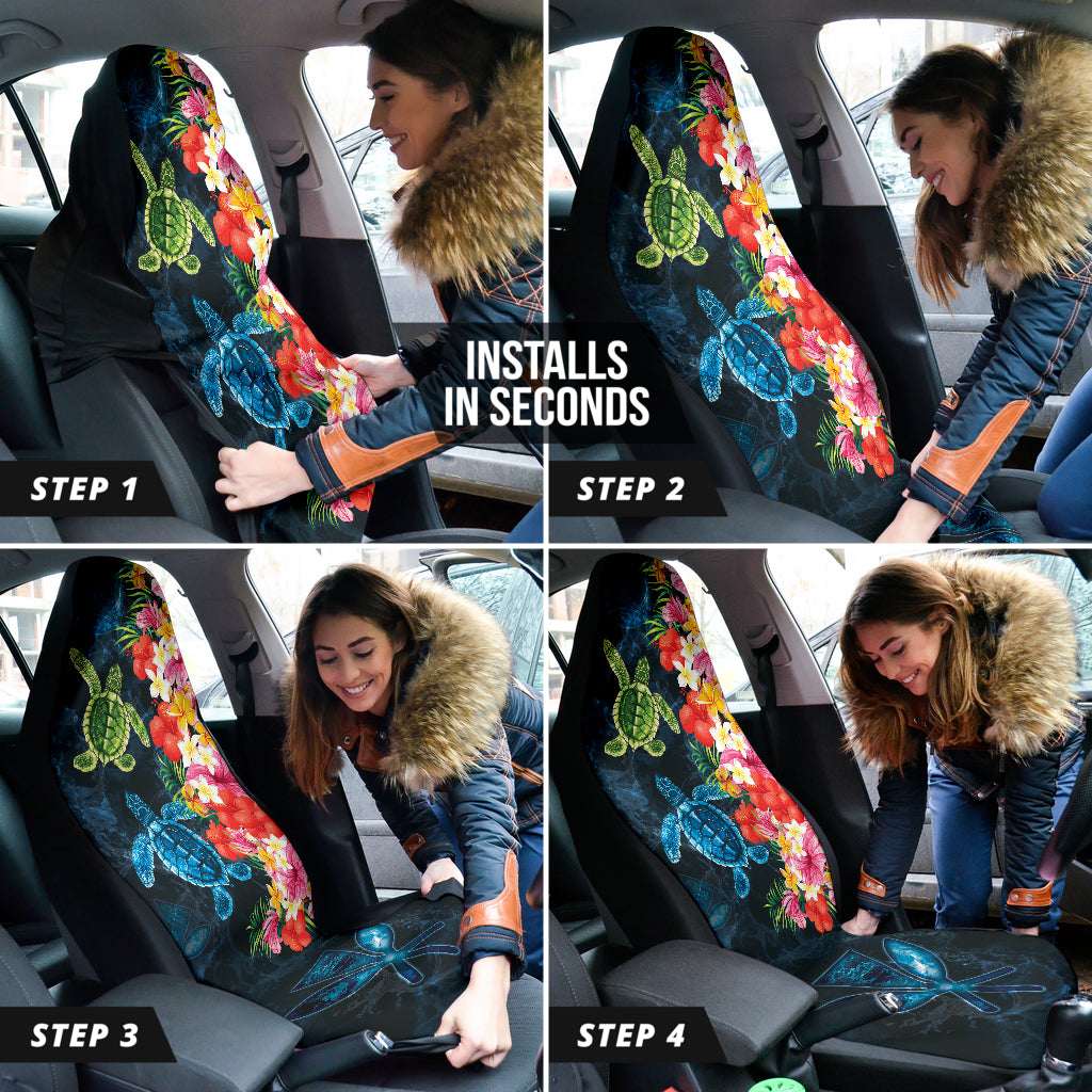 Turtle Kanaka Maoli Hibiscus Plumeria Flower Wave Car Seat Covers