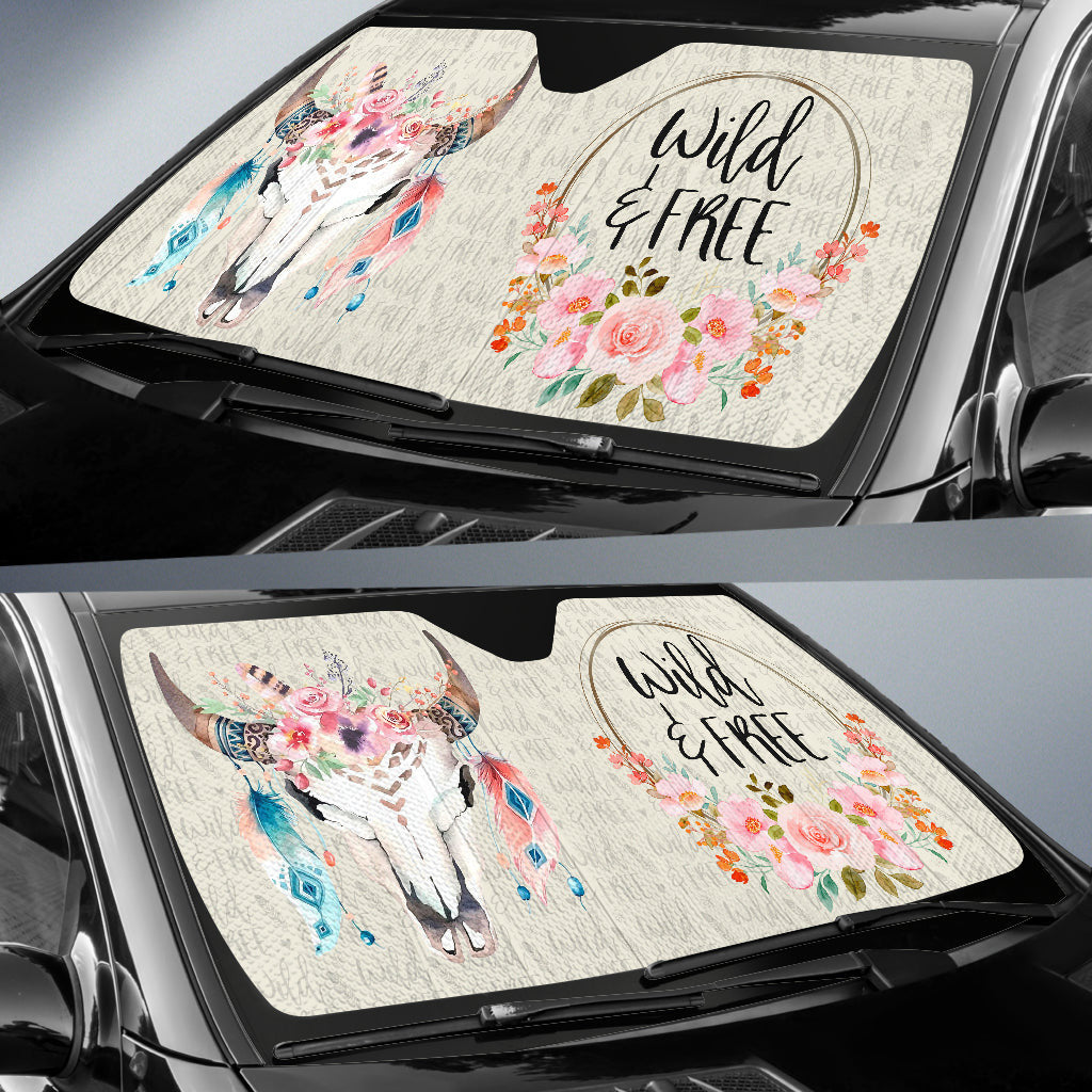 Wild And Free Dark Tan Boho Cow Skull Car Auto Sun Shades