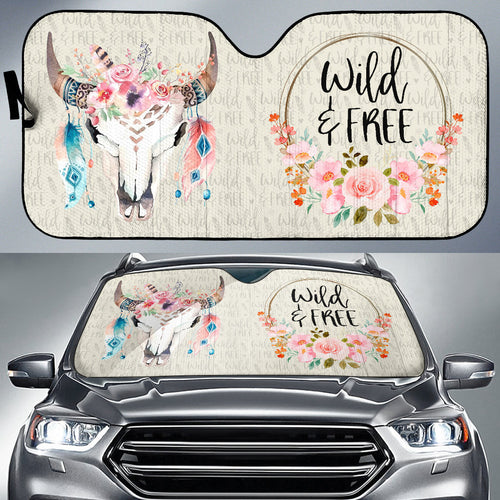 Wild And Free Dark Tan Boho Cow Skull Car Auto Sun Shades