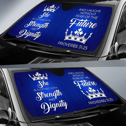 Proverbs Blue White She Is Clothed With Strength And Dignity Car Auto Sun Shades
