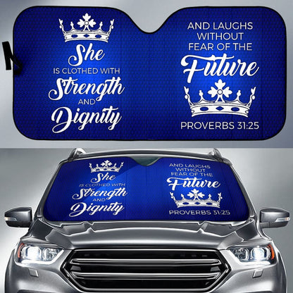 Proverbs Blue White She Is Clothed With Strength And Dignity Car Auto Sun Shades