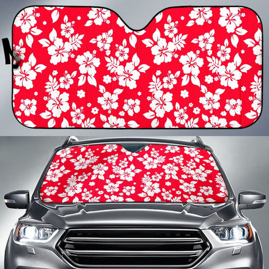 Red And White Hibiscus Flowers Hawaiian Flower Pattern Car Auto Sun Shades