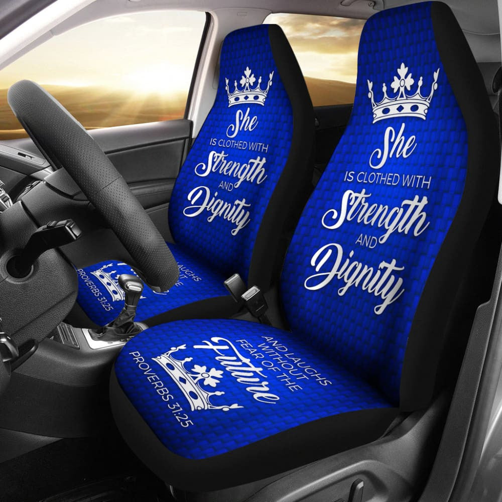 Proverbs Blue White She Is Clothed With Strength And Dignity Car Seat Covers