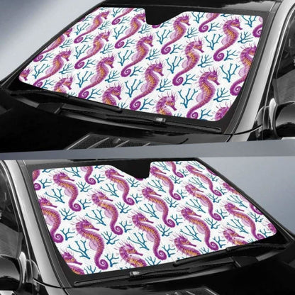 Purple Seahorse Blue Coral Pattern Car Auto Sun Shades
