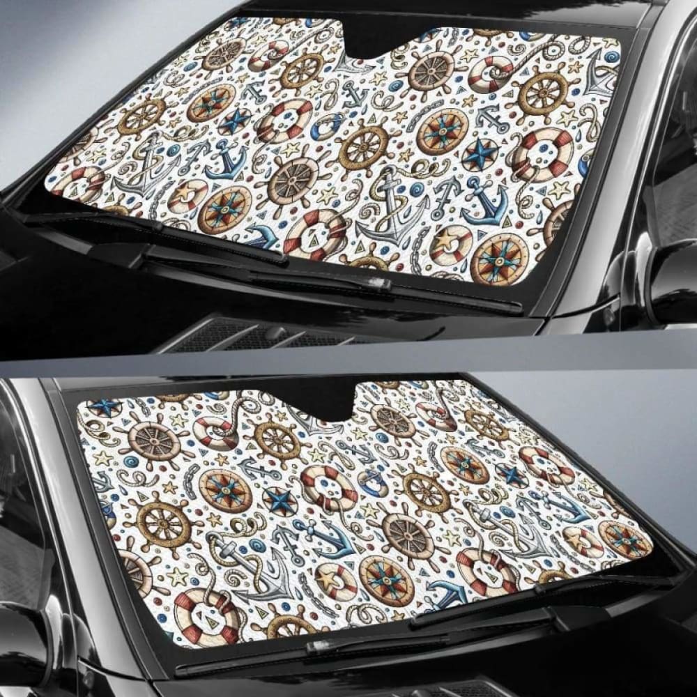 Cute Nautical Steering Wheel Anchor Pattern Car Auto Sun Shades
