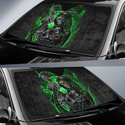 Gray And Green Gothic Skull Grim Reaper Car Auto Sun Shades