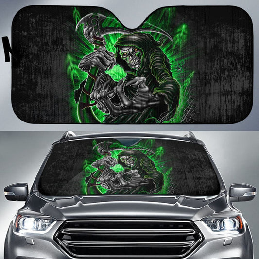 Gray And Green Gothic Skull Grim Reaper Car Auto Sun Shades