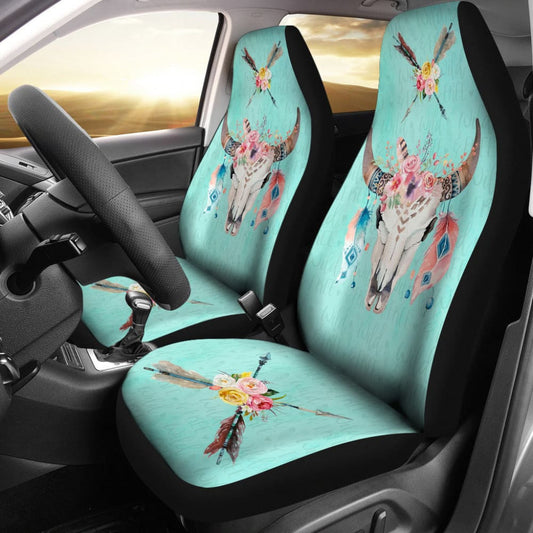 Turquoise Cow Skull Boho Wild And Free Car Seat Covers