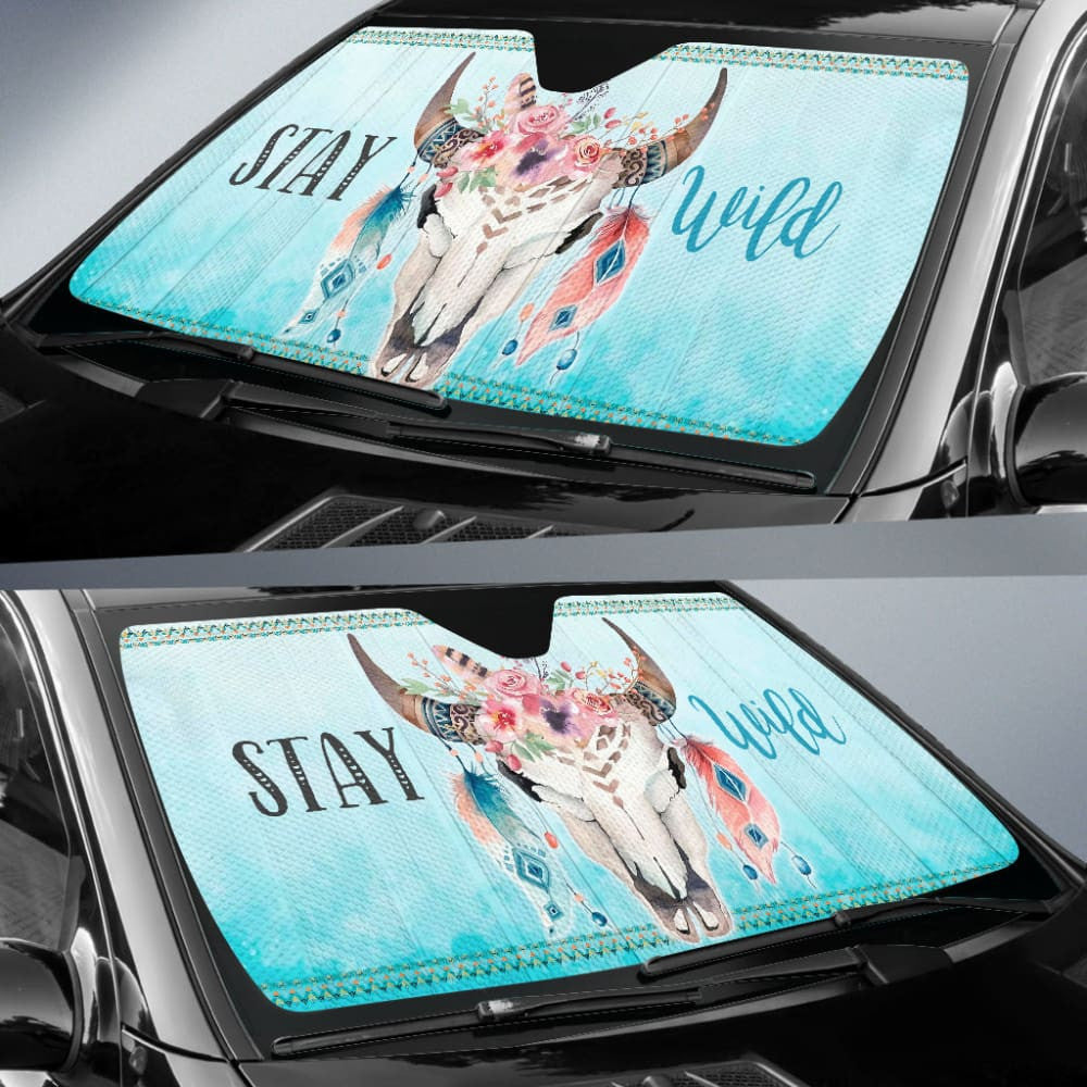 Turquoise Stay Wild Boho Skull Car Auto Sun Shades