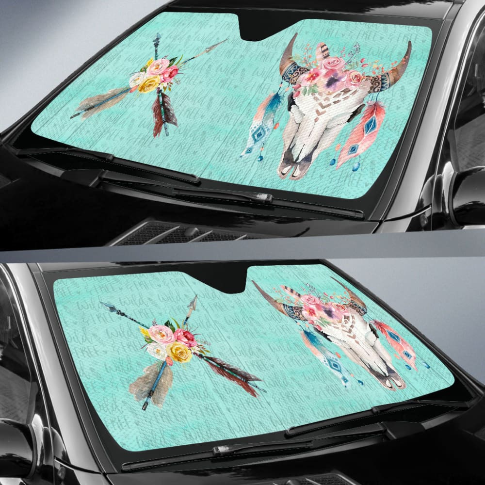 Turquoise Cow Skull Boho Wild And Free Car Auto Sun Shades